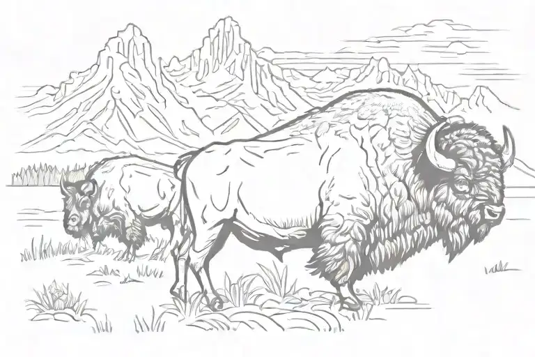 Bison and Bull in the foreground with the grand tetons in the back ground tattoo design idea