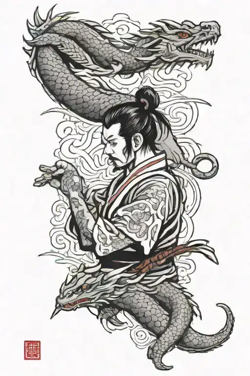 samurai and dragon around the hand tattoo design idea