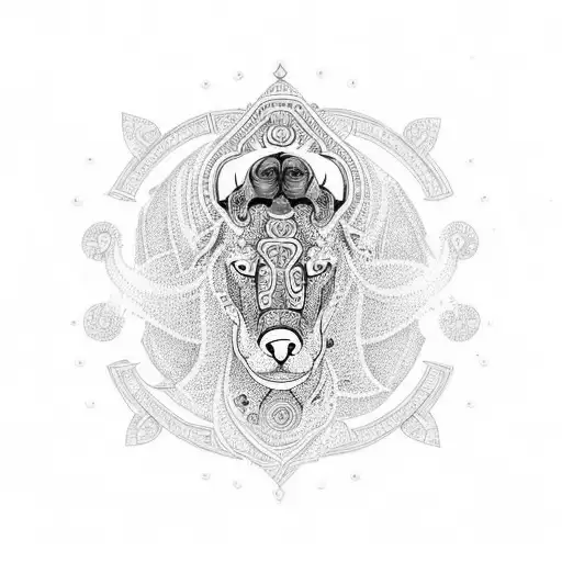 An intricate mandala design incorporating elements of a dog and a horse shoe, symbolizing love and protection tattoo design idea