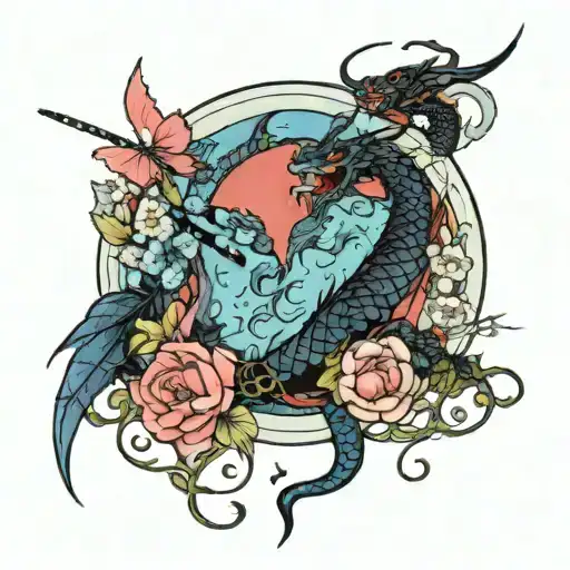 full blue moon,encircled by vines,a katana wrapped in a black bloody Chinese dragon and crystal butterflies with flowers tattoo design idea