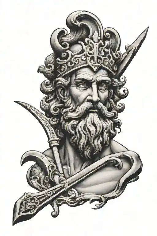 Poseidon with a trident with fine lines in a vintage rectangular frame tattoo design idea