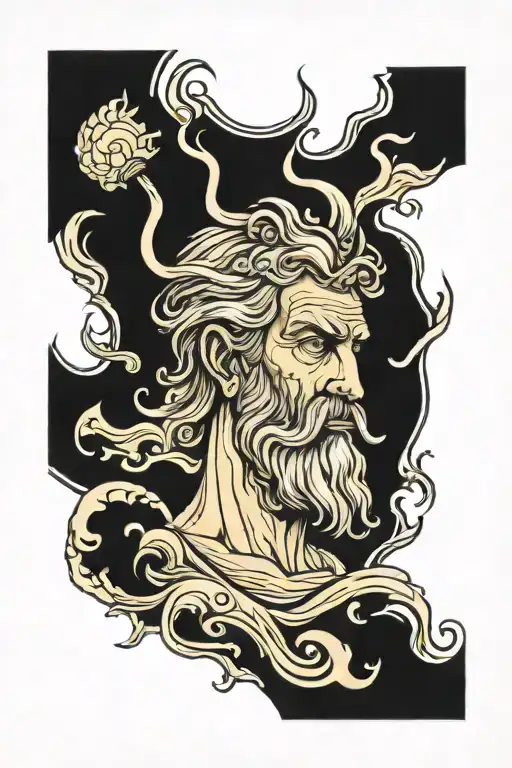 Poseidon with fine lines in a period rectangular frame tattoo design idea