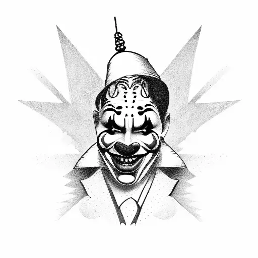 A blackwork tattoo depicting a clown or harlequin playing a musical instrument tattoo design idea