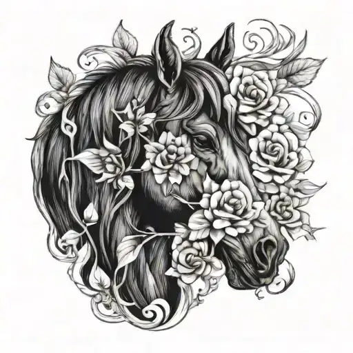 horse head and flowers tattoo design idea