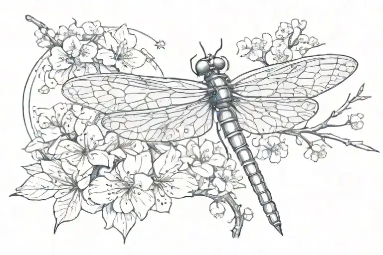 star moon cherry blossom dragonfly perched tattoo design idea