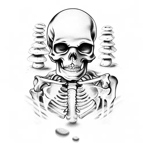 skeleton on ground against pebbles with mushrooms growing from the skeleton and ground. the skeleton is not human  tattoo design idea
