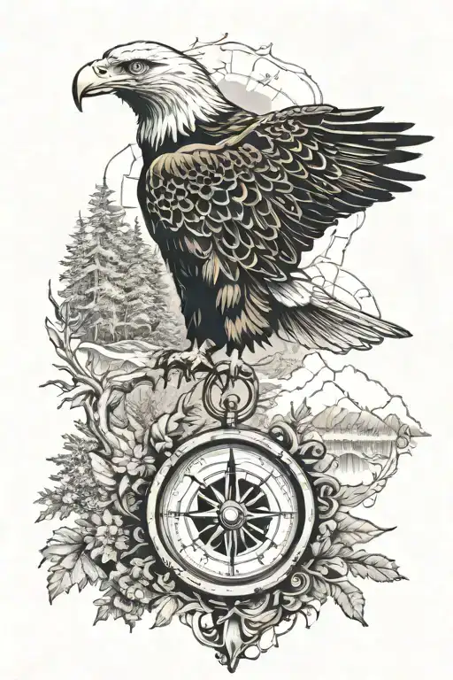 Eagle and compass with forest scenery  tattoo design idea