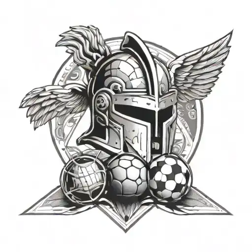 A composition of a Spartan helmet, a soccer field, and a religious symbol intertwined in a creative way, showcasing the client's diverse passions tattoo design idea