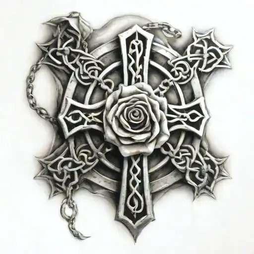 a woman chained to a celtic cross holdinf a parchment with the initials KLH JEH CSH on it. put a rose at the bottom  tattoo design idea