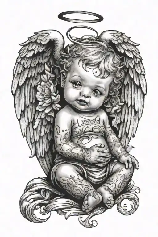 baby angel with cry now smile later and tattoos on forearm  tattoo design idea