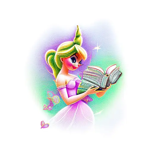 A whimsical Tinker Bell reading a book surrounded by pink and purple sparkles tattoo design idea