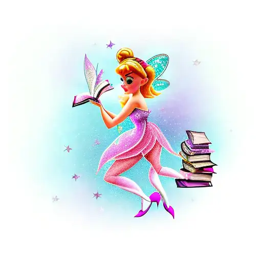 A whimsical Tinker Bell reading a book surrounded by pink and purple sparkles tattoo design idea