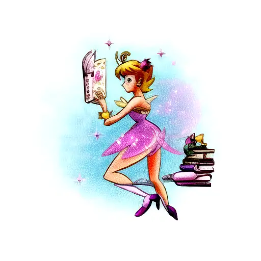 A whimsical Tinker Bell reading a book surrounded by pink and purple sparkles tattoo design idea