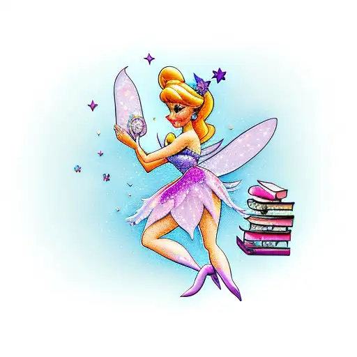A whimsical Tinker Bell reading a book surrounded by pink and purple sparkles tattoo design idea