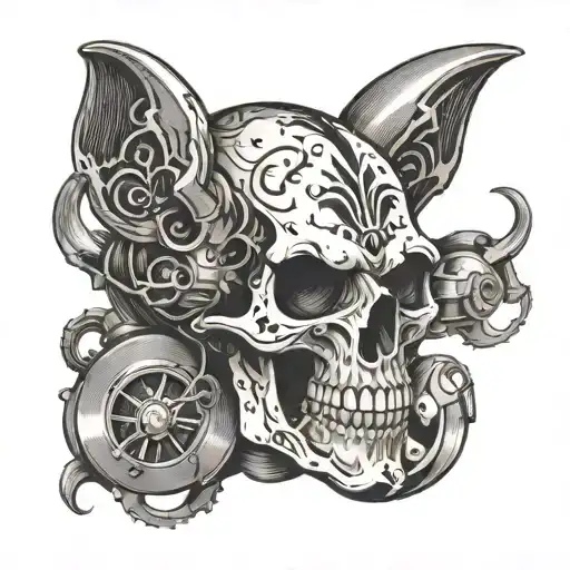 turbo skull with black metal tattoo design idea