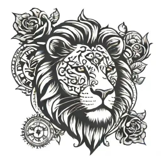 lion head and roman numeral clock tattoo design idea