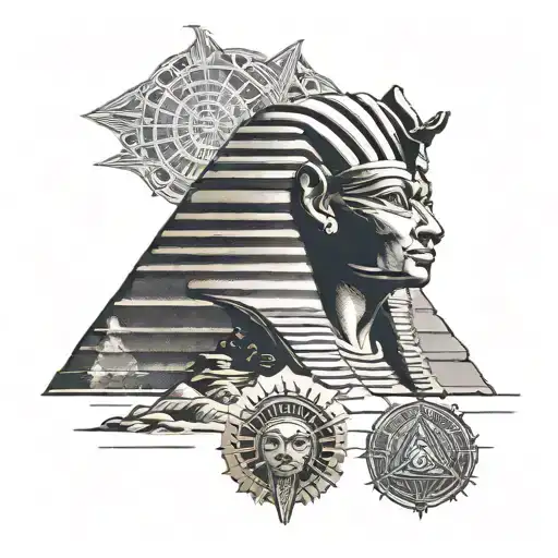 Egyptian sun god above the pyramids of Giza with the egyptian god of the underworld beneath tattoo design idea
