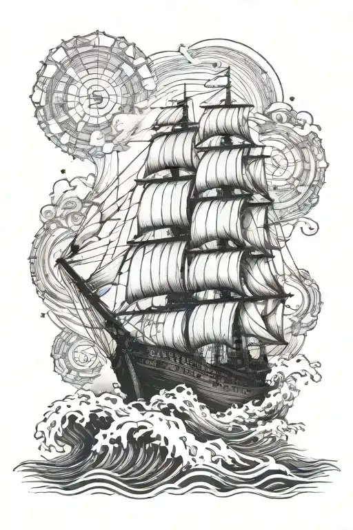 A tattoo of a sailing ship navigating through rough waters, with symbols of virtue and serenity incorporated in the design tattoo design idea