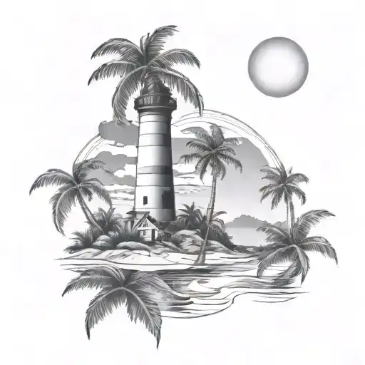 palm trees, lighthouse beach scene tattoo design idea