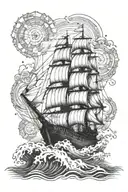 A tattoo of a sailing ship navigating through rough waters, with symbols of virtue and serenity incorporated in the design tattoo design idea