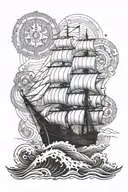 A tattoo of a sailing ship navigating through rough waters, with symbols of virtue and serenity incorporated in the design tattoo design idea