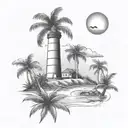 palm trees, lighthouse beach scene tattoo design idea