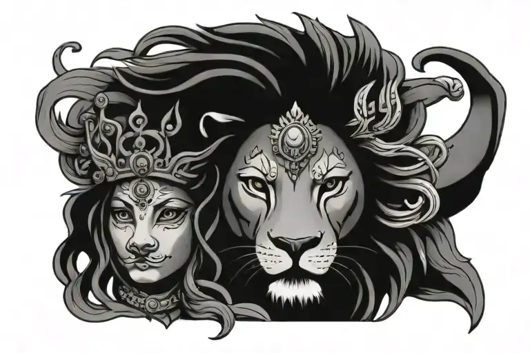 Goddess Durga and Lion head tattoo design idea