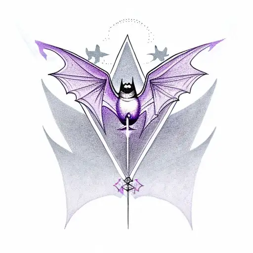 purple bat with spread wings and mountain peak with three stars above tattoo design idea