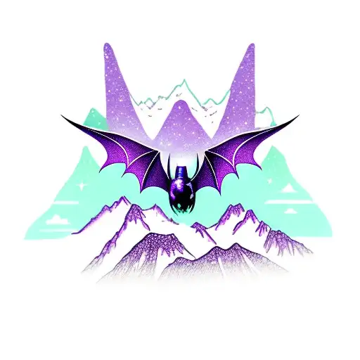 purple bat with spread wings and mountain peak with three stars above tattoo design idea