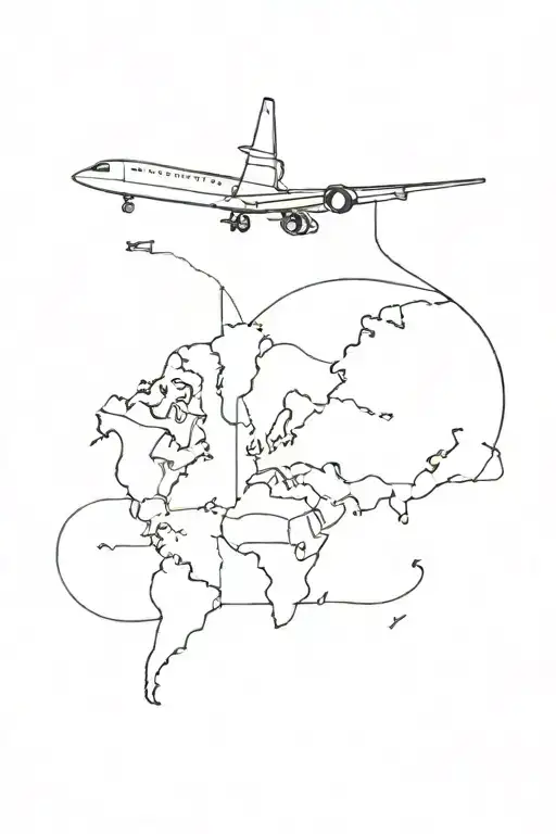 A minimalist outline of a world map with a small airplane flying over it, symbolizing your love for traveling tattoo design idea
