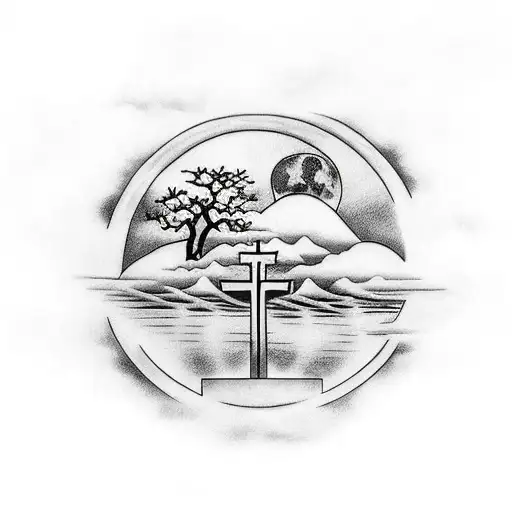 cross with a bonsai tree a moon and 3 angel for the arm tattoo design idea