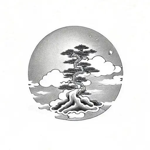 cross with a bonsai tree a moon and 3 angels  tattoo design idea