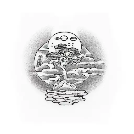 cross with a bonsai tree a moon and 3 angel for the arm tattoo design idea