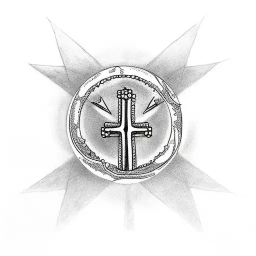 cross with a bonsai tree a moon and 3 angel for the arm tattoo design idea