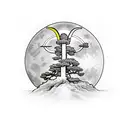 cross with a bonsai tree a moon and 3 angel for the arm tattoo design idea