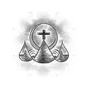 cross with a bonsai tree a moon and 3 angel for the arm tattoo design idea