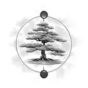 cross with a bonsai tree a moon and 3 angel for the arm tattoo design idea