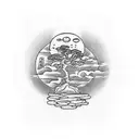 cross with a bonsai tree a moon and 3 angel for the arm tattoo design idea