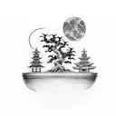 cross with a bonsai tree a moon and 3 angel for the arm tattoo design idea