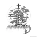 cross with a bonsai tree a moon and 3 angel for the arm tattoo design idea