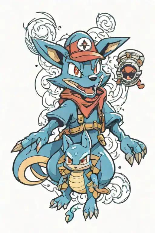 lucario with chochodile and ectoplasma Pokémon tattoo design idea
