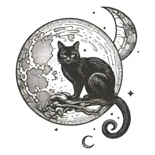 semi total lunar eclipse with a black cat sitting on the moon tattoo design idea