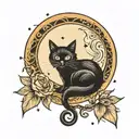 semi total lunar eclipse with a black cat sitting on the moon tattoo design idea