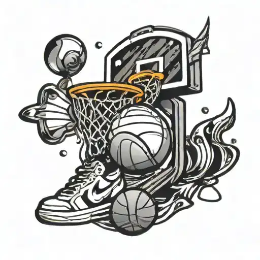 A music-themed basketball tattoo with musical notes and a basketball hoop tattoo design idea