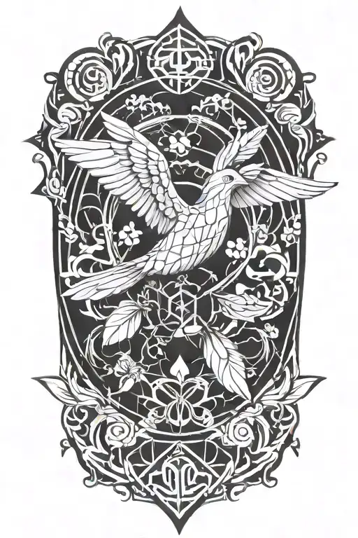 A geometric mandala incorporating elements of Buddhism and nature, with a soaring bird symbolizing freedom and enlightenment tattoo design idea