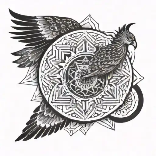 A geometric mandala incorporating elements of Buddhism and nature, with a soaring bird symbolizing freedom and enlightenment tattoo design idea