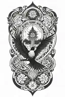 A geometric mandala incorporating elements of Buddhism and nature, with a soaring bird symbolizing freedom and enlightenment tattoo design idea