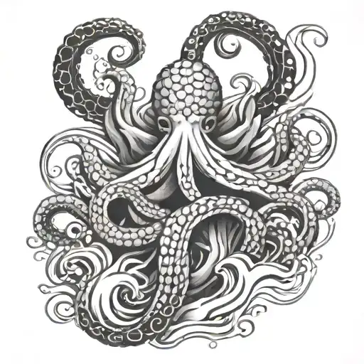 Japanese-style waves with an octopus intertwined within tattoo design idea