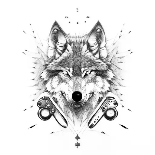 A mechanic wolf character from an anime, surrounded by video game consoles and controllers tattoo design idea