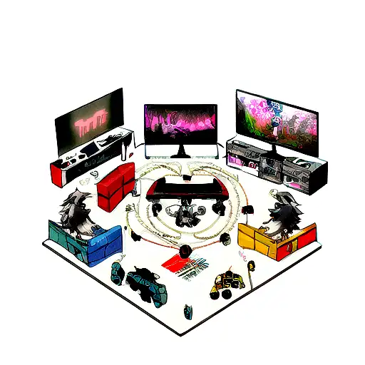 A mechanic wolf character from an anime, surrounded by video game consoles and controllers tattoo design idea
